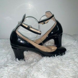 FSJ Patent Leather Round Toe Pumps w/Ankle Strap